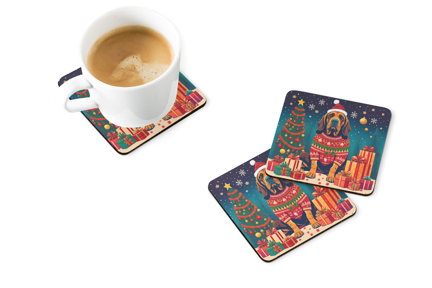 Bloodhound Christmas Foam Coasters Set of 4 Cup Coasters for Indoor Outdoor, Tabletop Protection, Anti Slip, Mouse pad Material