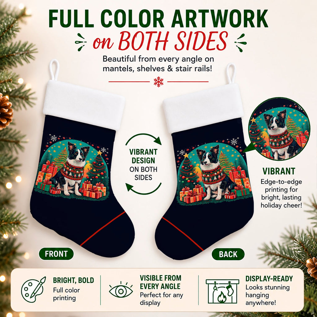 Border Collie Christmas Holiday Stocking Double-Sided Print, Polyester Suede,11x18, Made in USA