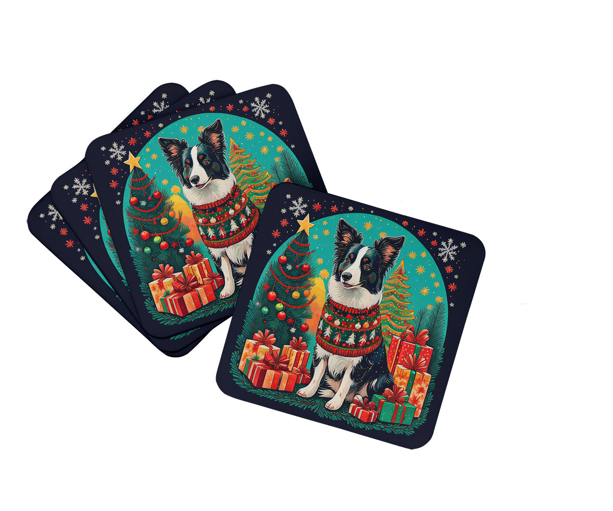 Border Collie Christmas Foam Coasters Set of 4 Cup Coasters for Indoor Outdoor, Tabletop Protection, Anti Slip, Mouse pad Material