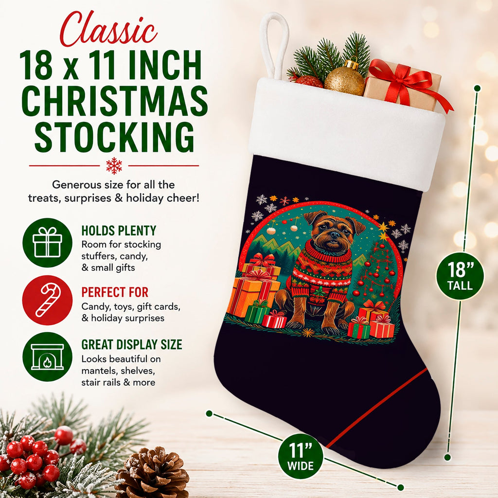 Border Terrier Christmas Holiday Stocking Double-Sided Print, Polyester Suede,11x18, Made in USA
