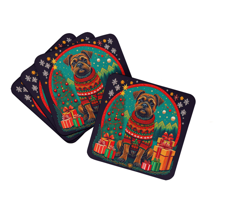 Border Terrier Christmas Foam Coasters Set of 4 Cup Coasters for Indoor Outdoor, Tabletop Protection, Anti Slip, Mouse pad Material