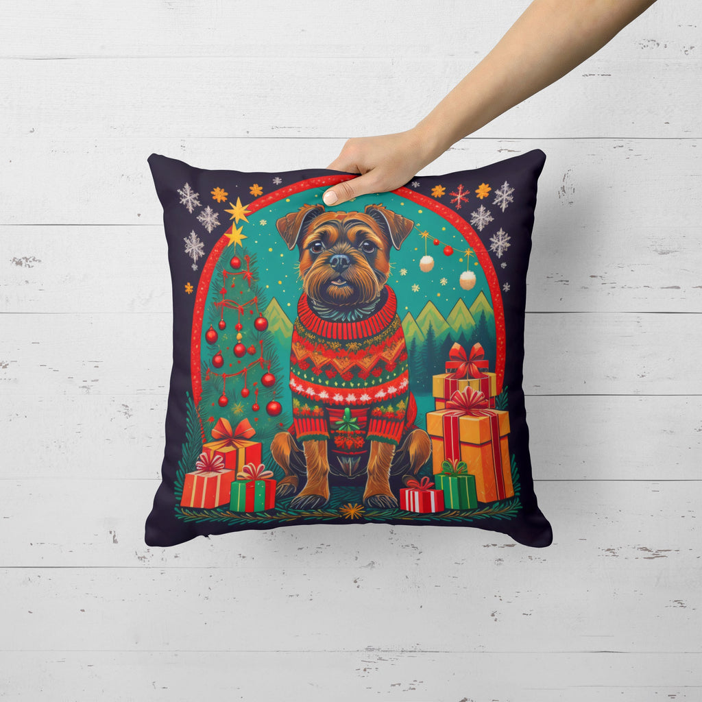 Border Terrier Christmas Decorative Throw Pillow 14x14 Indoor Outdoor Accent Cushion, Fabric Cover with Insert for Sofa, Bed, Porch & Living Room