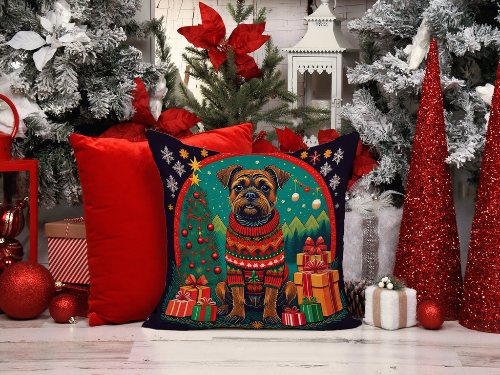 Border Terrier Christmas Decorative Throw Pillow 18x18 Indoor Outdoor Accent Cushion, Fabric Cover with Insert for Sofa, Bed, Porch & Living Room