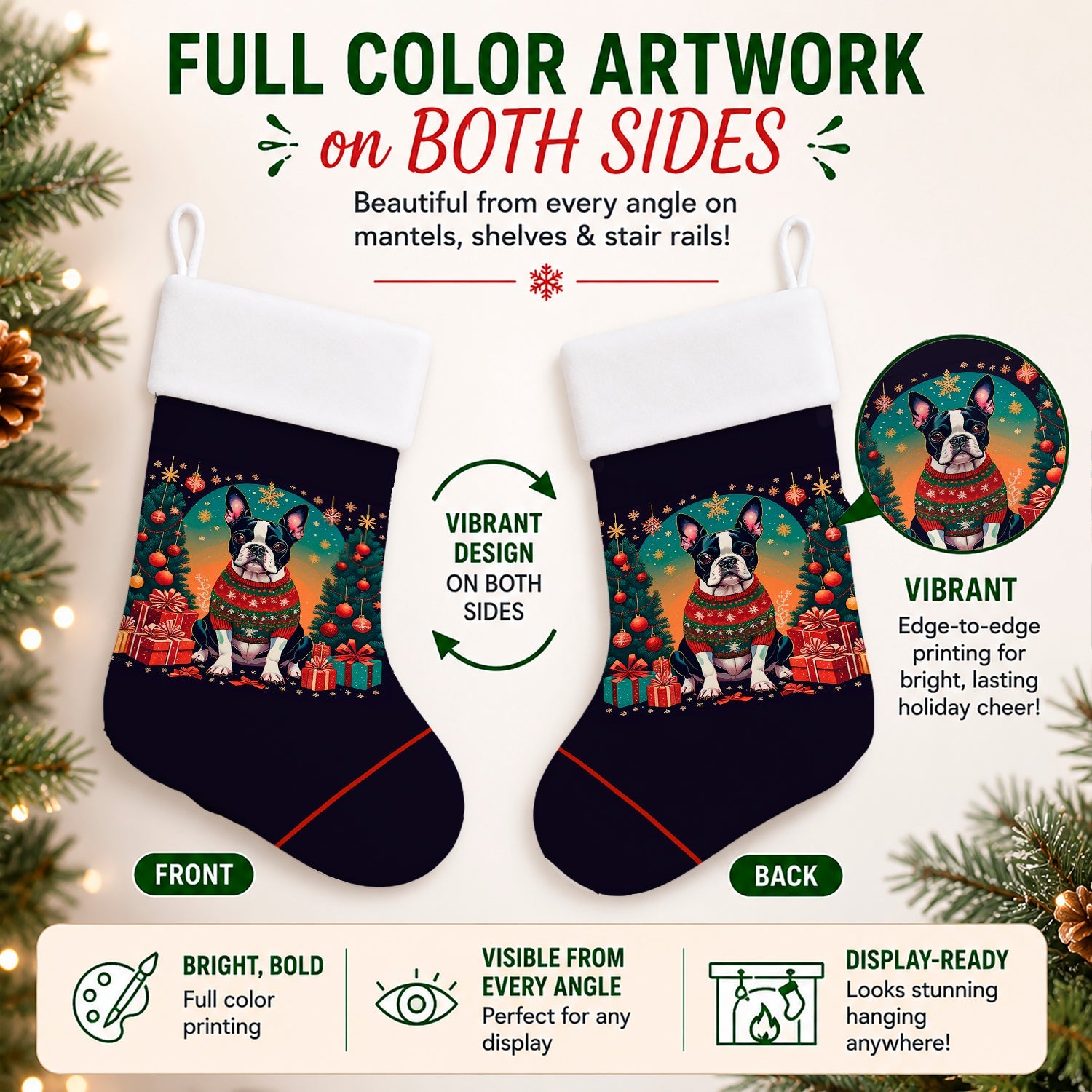 Boston Terrier Christmas Holiday Stocking Double-Sided Print, Polyester Suede,11x18, Made in USA