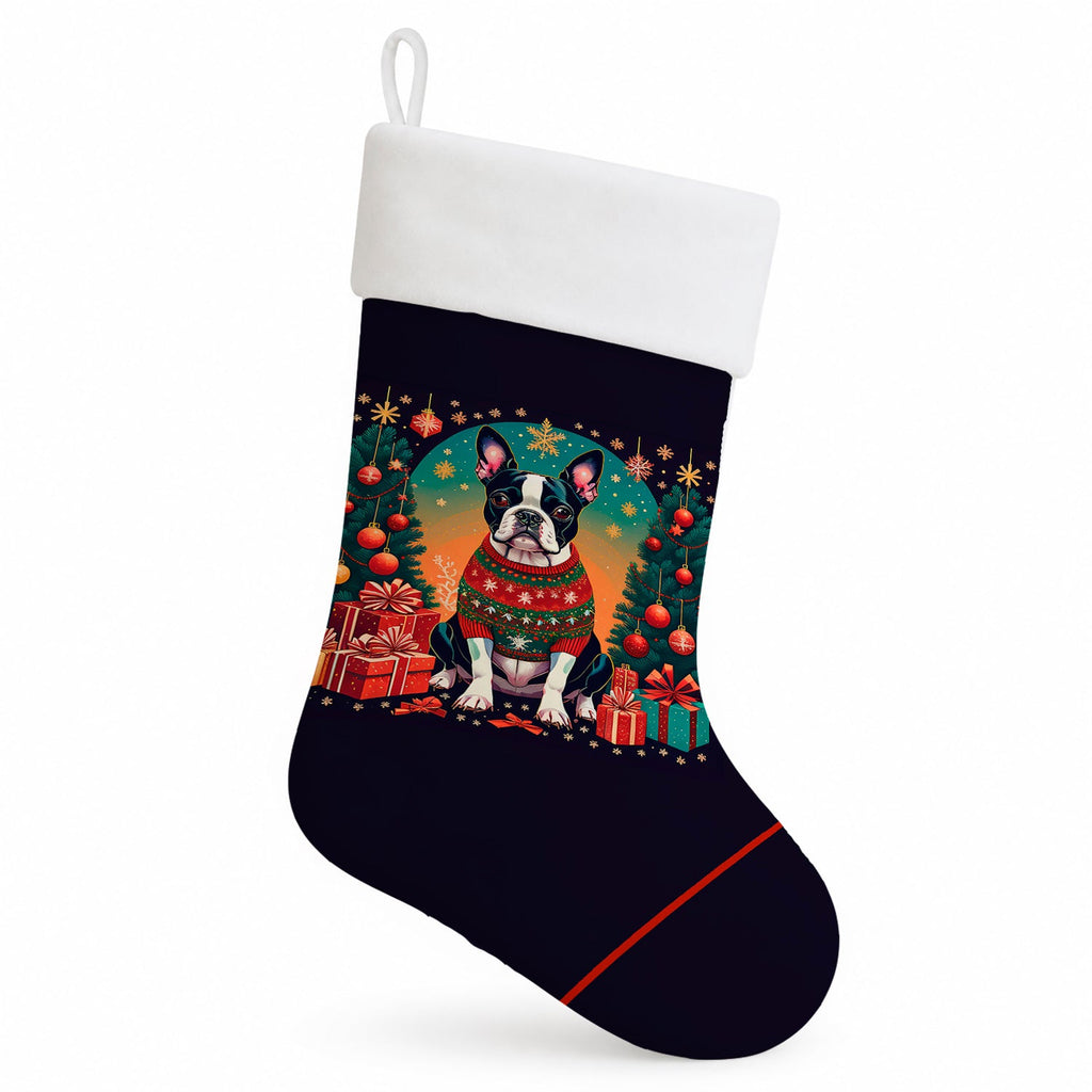Boston Terrier Christmas Holiday Stocking Double-Sided Print, Polyester Suede,11x18, Made in USA