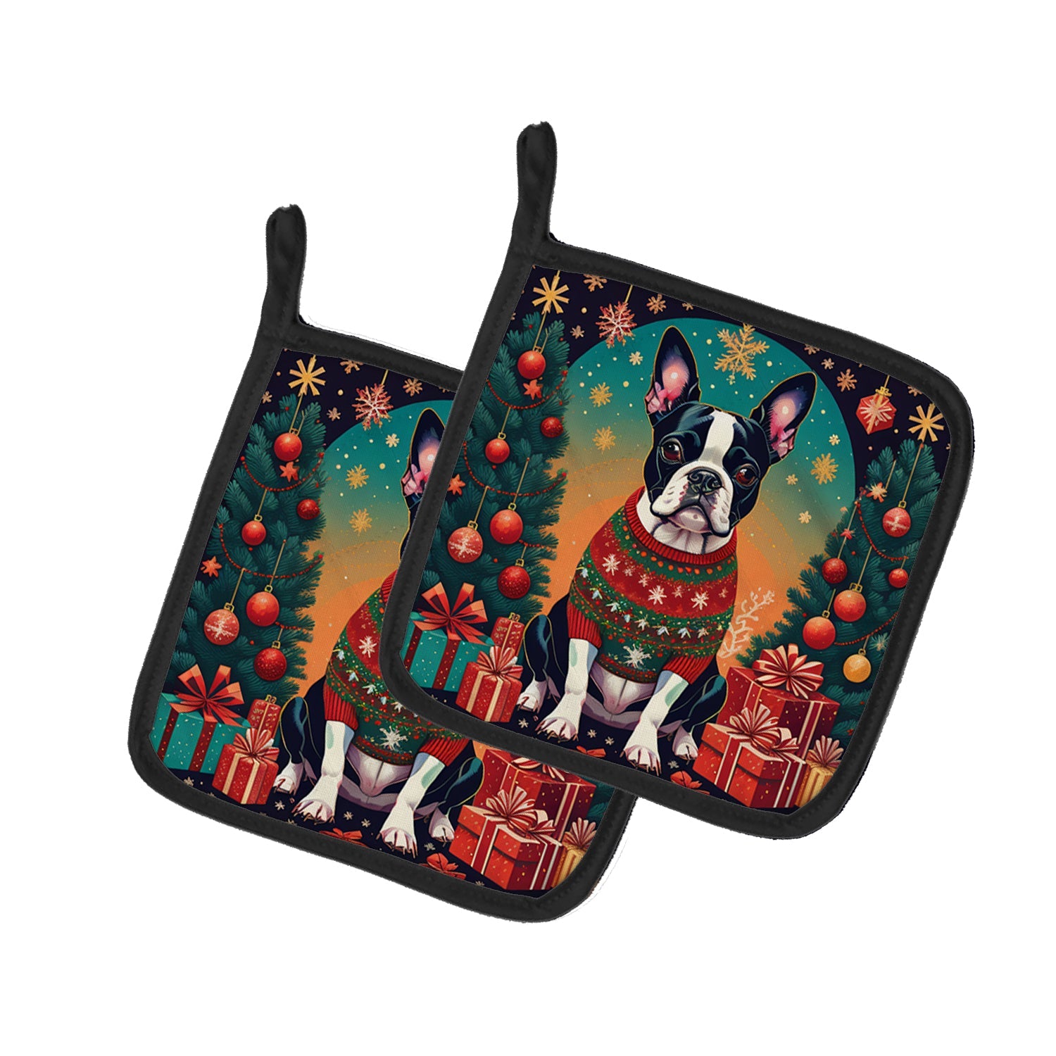 Boston Terrier Christmas Pot Holder Set of 2 Heat Resistant Quilted Hot Pads 7.5 x 7.5 Inch, Insulated Kitchen Trivets for Cooking & Baking