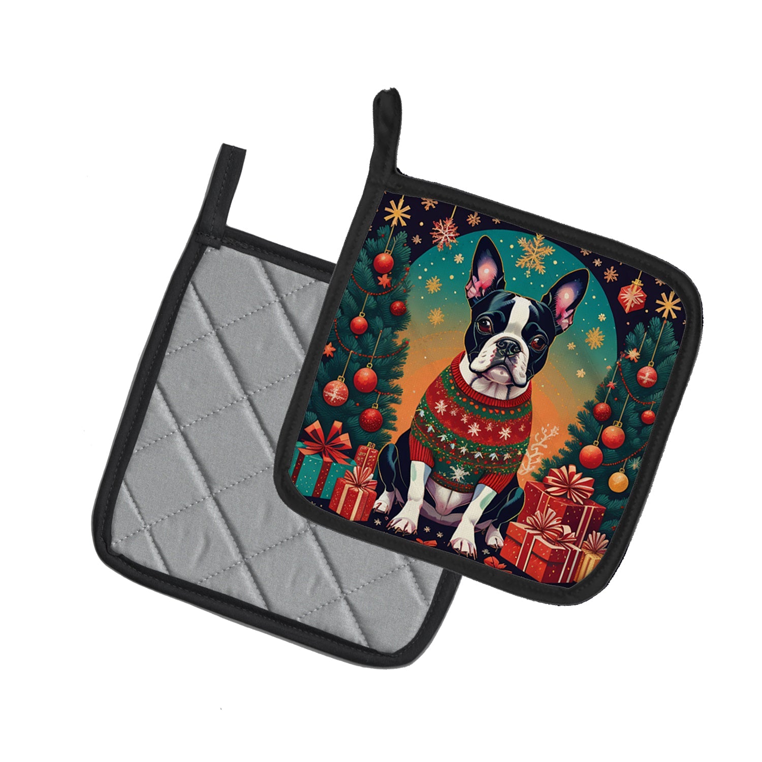 Boston Terrier Christmas Pot Holder Set of 2 Heat Resistant Quilted Hot Pads 7.5 x 7.5 Inch, Insulated Kitchen Trivets for Cooking & Baking