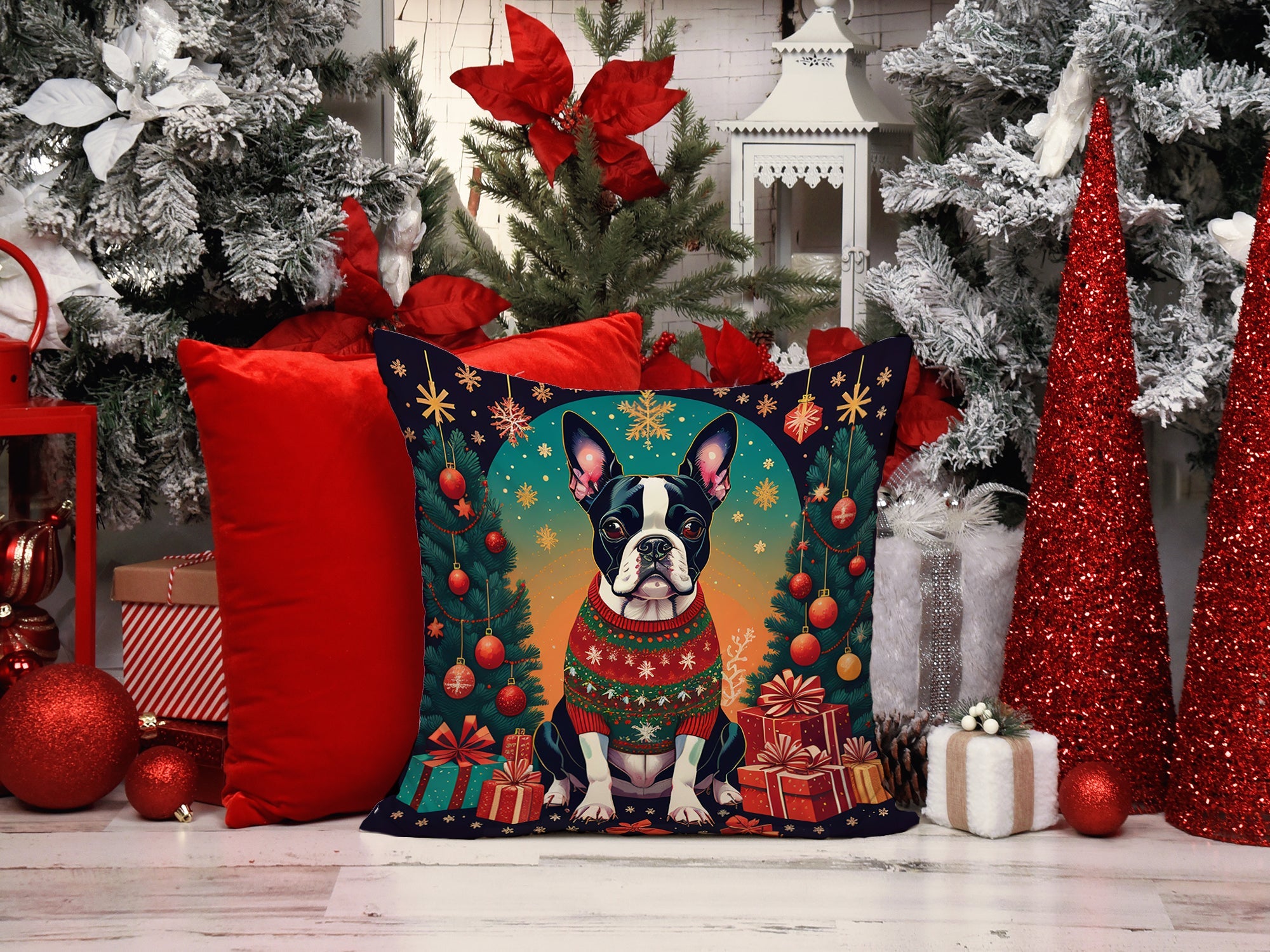 Boston Terrier Christmas Decorative Throw Pillow 14x14 Indoor Outdoor Accent Cushion, Fabric Cover with Insert for Sofa, Bed, Porch & Living Room