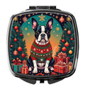 Boston Terrier Christmas Compact Mirror Decorative Travel Makeup Mirror for Women Girls Gifts Pocket Makeup Mirror Folding Handheld