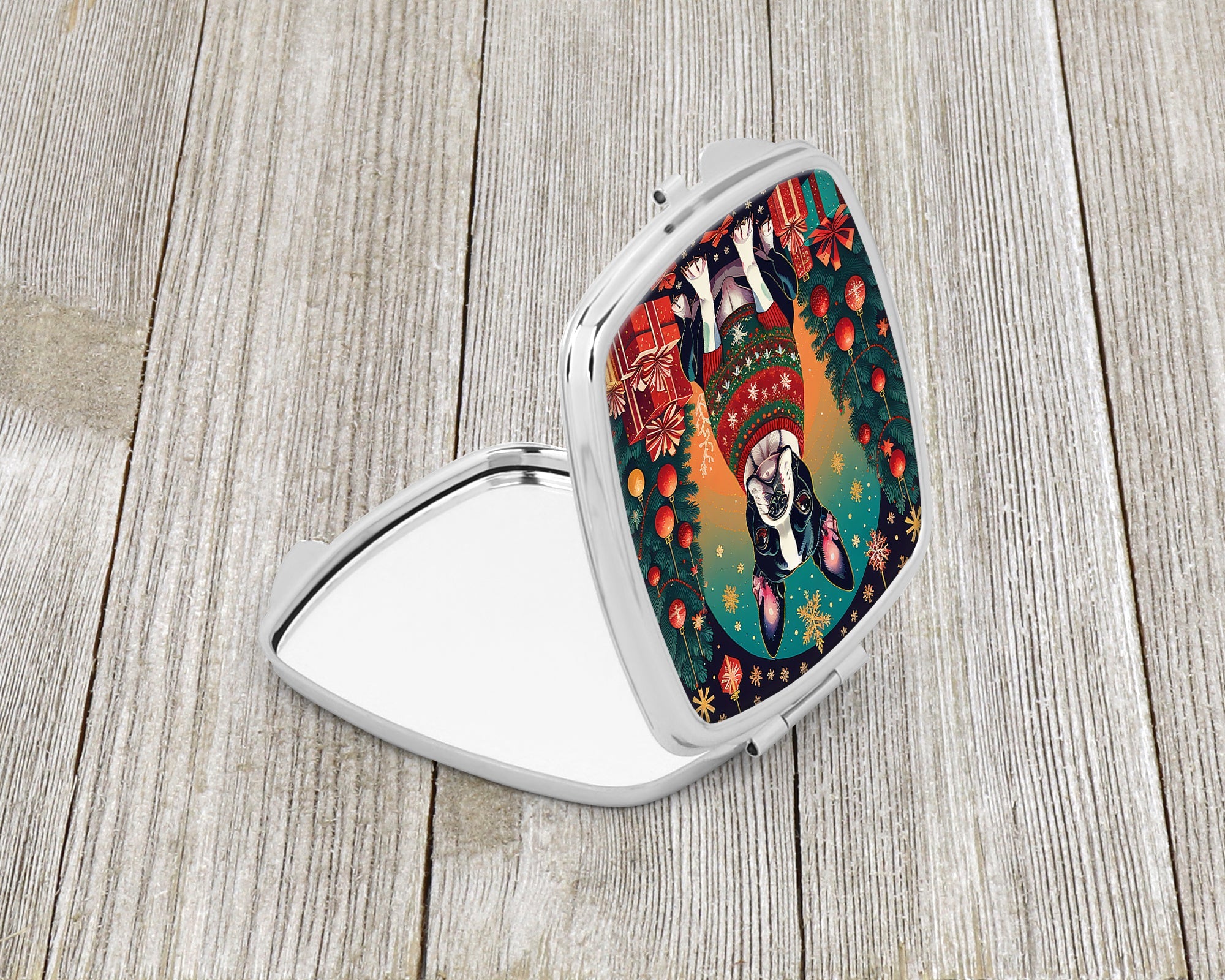 Boston Terrier Christmas Compact Mirror Decorative Travel Makeup Mirror for Women Girls Gifts Pocket Makeup Mirror Folding Handheld