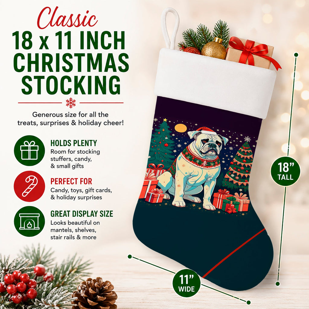 White Boxer Christmas Holiday Stocking Double-Sided Print, Polyester Suede,11x18, Made in USA