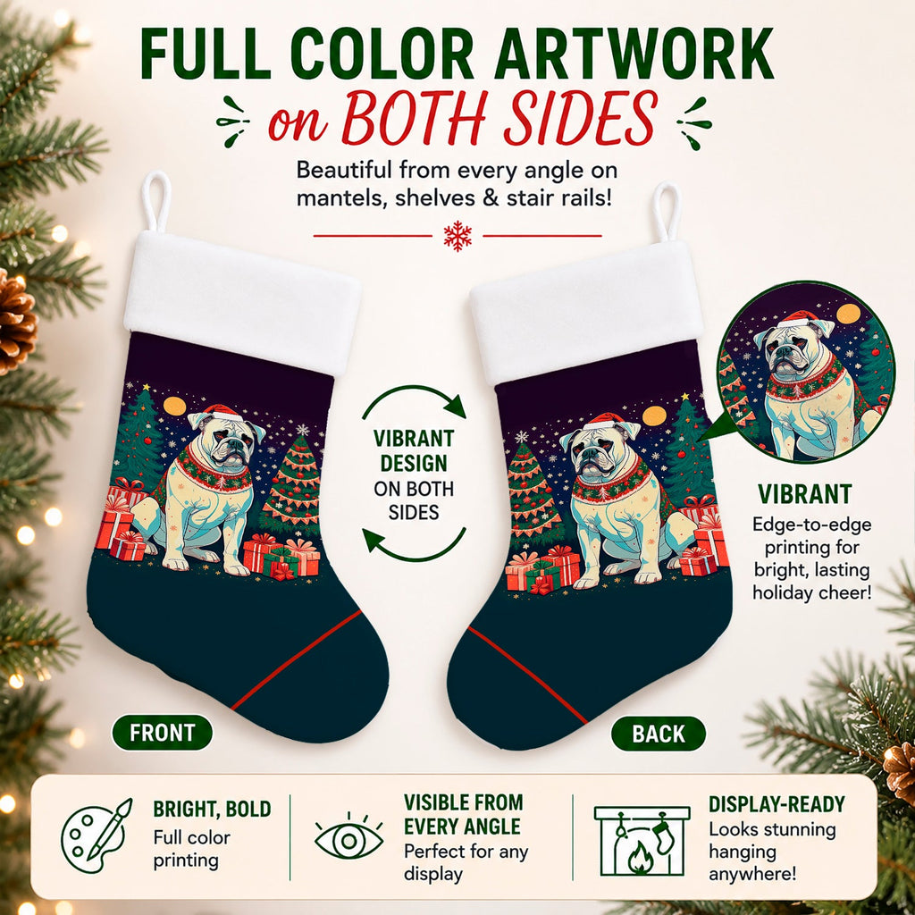 White Boxer Christmas Holiday Stocking Double-Sided Print, Polyester Suede,11x18, Made in USA