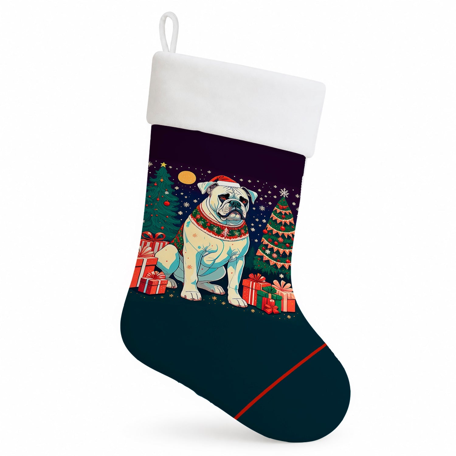 White Boxer Christmas Holiday Stocking Double-Sided Print, Polyester Suede,11x18, Made in USA
