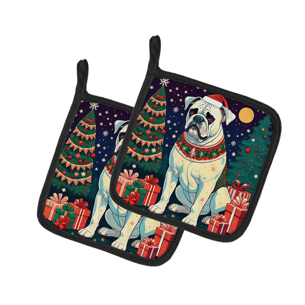 White Boxer Christmas Pot Holder Set of 2 Heat Resistant Quilted Hot Pads 7.5 x 7.5 Inch, Insulated Kitchen Trivets for Cooking & Baking