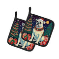 White Boxer Christmas Pot Holder Set of 2 Heat Resistant Quilted Hot Pads 7.5 x 7.5 Inch, Insulated Kitchen Trivets for Cooking & Baking