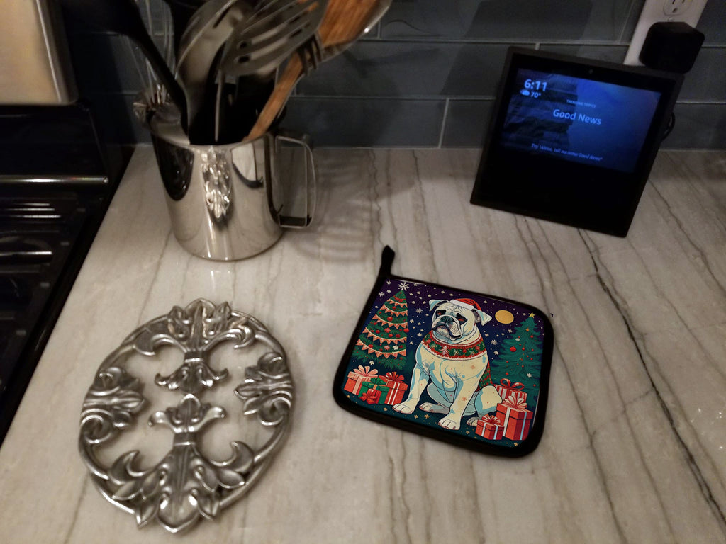 White Boxer Christmas Pot Holder Set of 2 Heat Resistant Quilted Hot Pads 7.5 x 7.5 Inch, Insulated Kitchen Trivets for Cooking & Baking