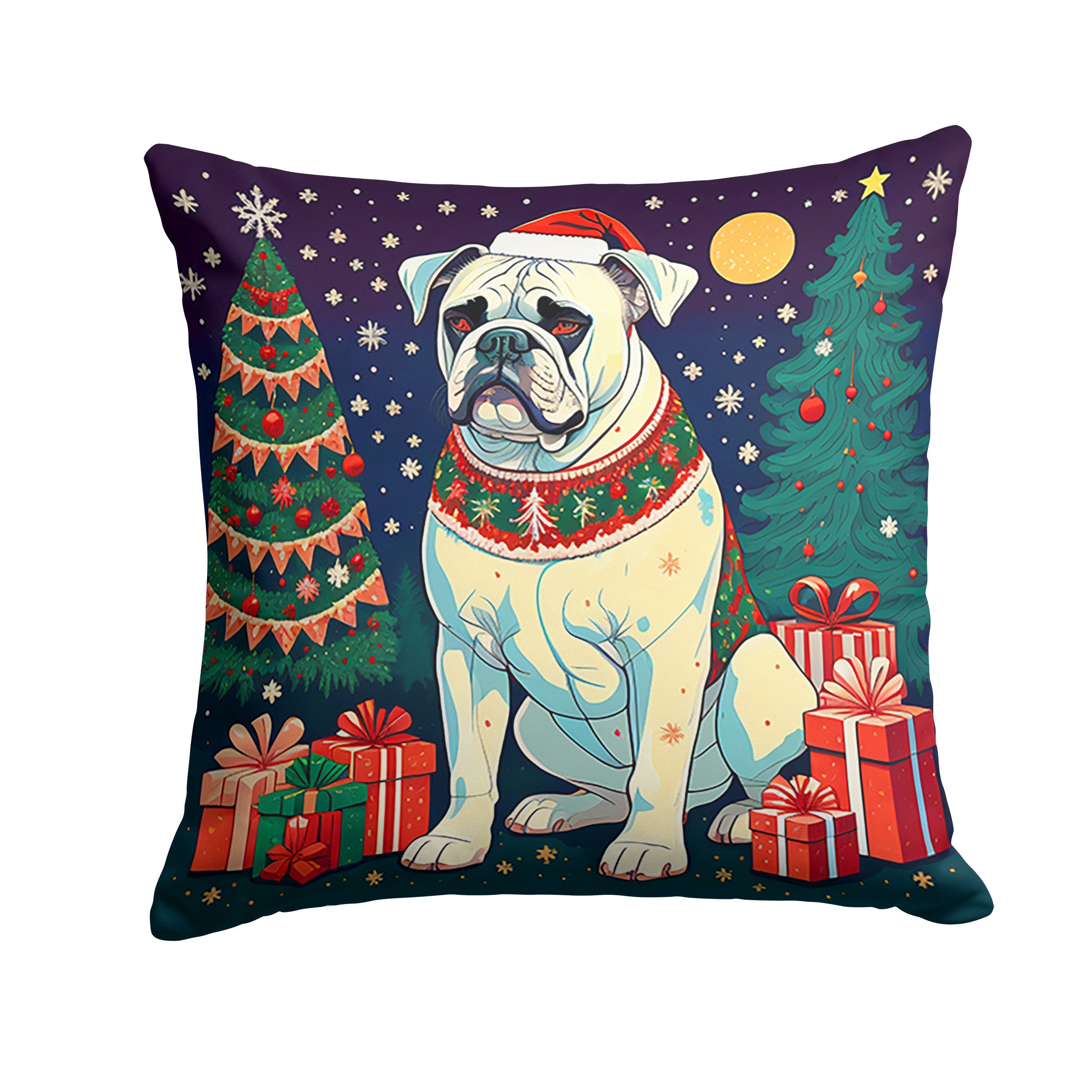 White Boxer Christmas Decorative Throw Pillow 14x14 Indoor Outdoor Accent Cushion, Fabric Cover with Insert for Sofa, Bed, Porch & Living Room