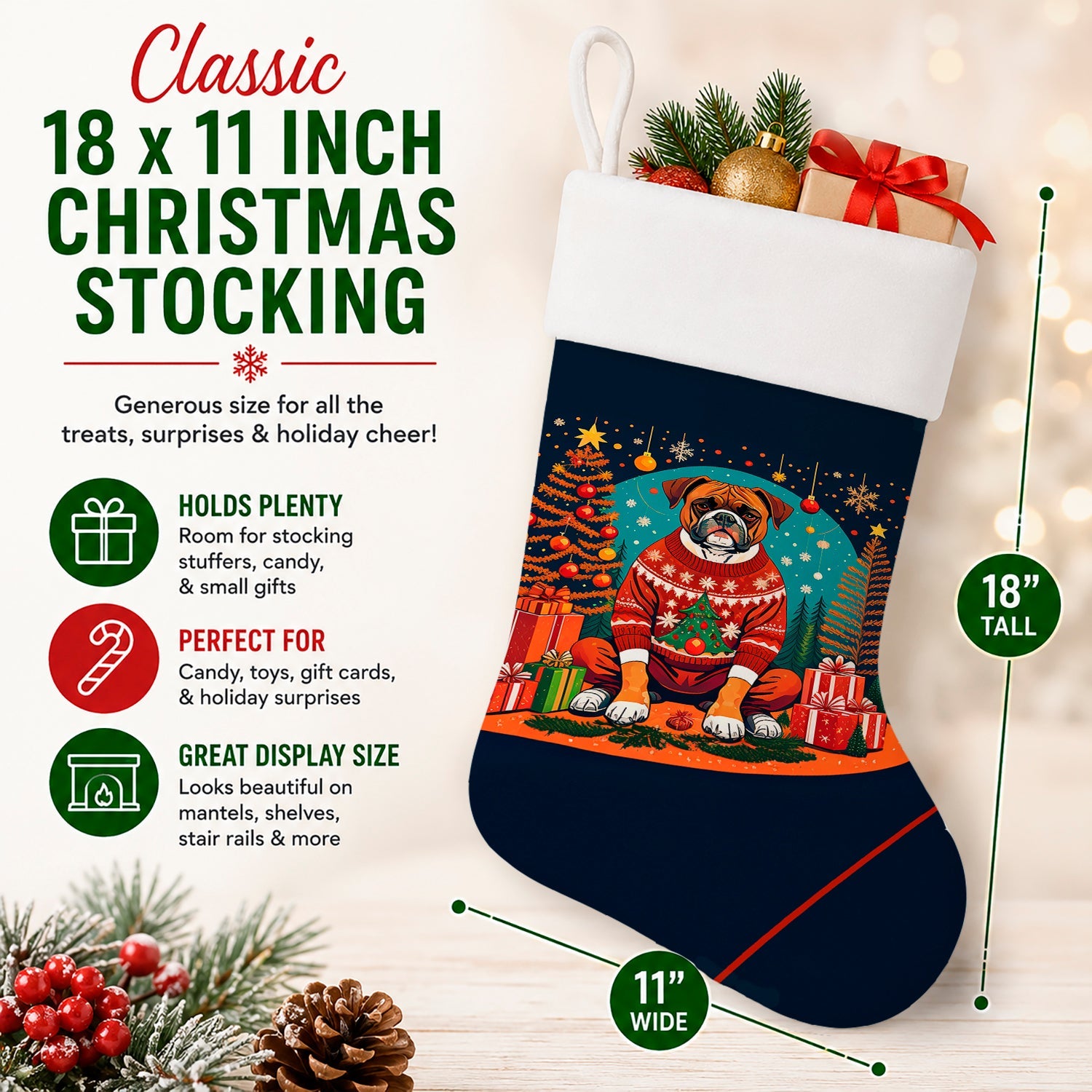 Boxer Christmas Holiday Stocking Double-Sided Print, Polyester Suede,11x18, Made in USA