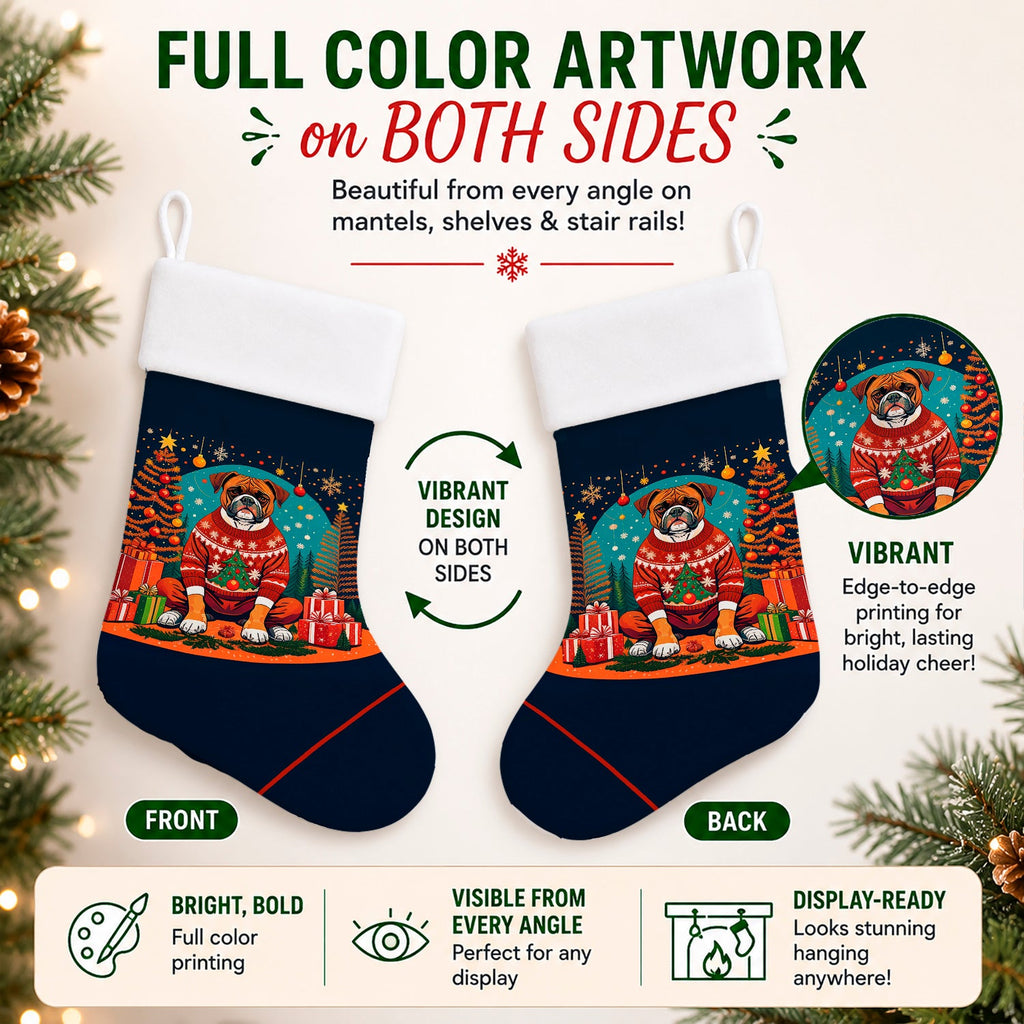 Boxer Christmas Holiday Stocking Double-Sided Print, Polyester Suede,11x18, Made in USA