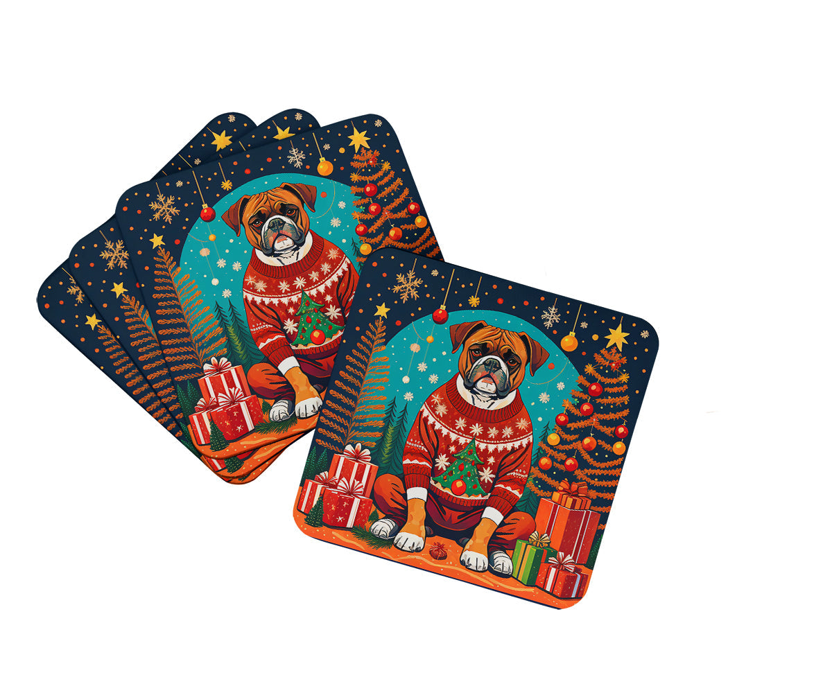 Boxer Christmas Foam Coasters Set of 4 Cup Coasters for Indoor Outdoor, Tabletop Protection, Anti Slip, Mouse pad Material