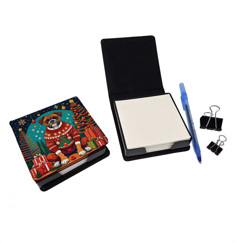 Boxer Christmas PU Leather Note Paper Holder with Artist-Designed Cover, Desk Accessory, Office Gift