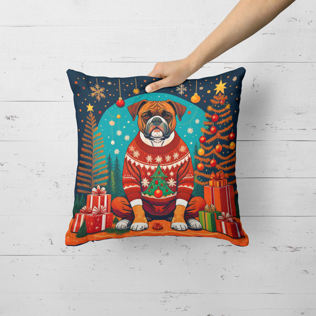 Boxer Christmas Decorative Throw Pillow 14x14 Indoor Outdoor Accent Cushion, Fabric Cover with Insert for Sofa, Bed, Porch & Living Room