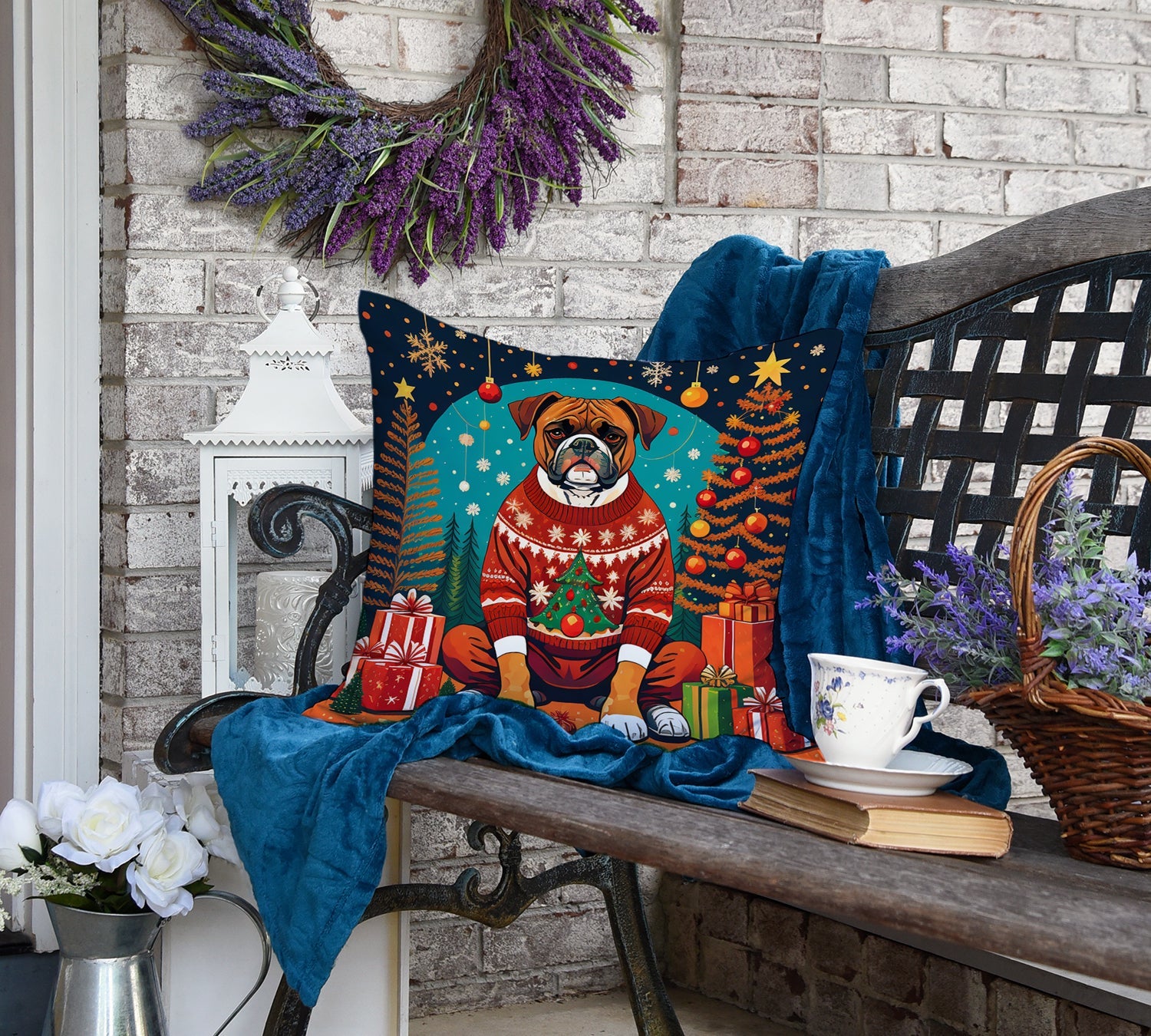 Boxer Christmas Decorative Throw Pillow 18x18 Indoor Outdoor Accent Cushion, Fabric Cover with Insert for Sofa, Bed, Porch & Living Room