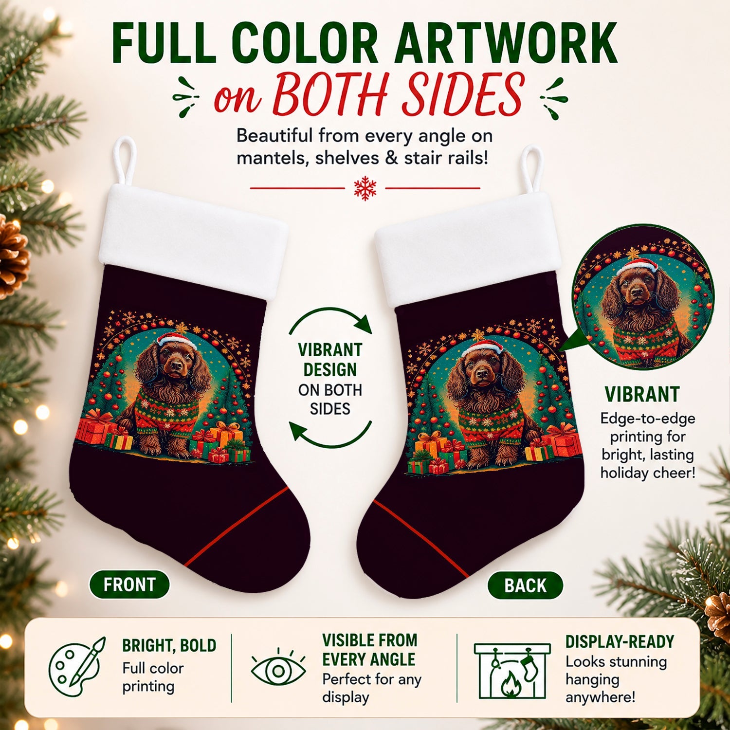 Boykin Spaniel Christmas Holiday Stocking Double-Sided Print, Polyester Suede,11x18, Made in USA