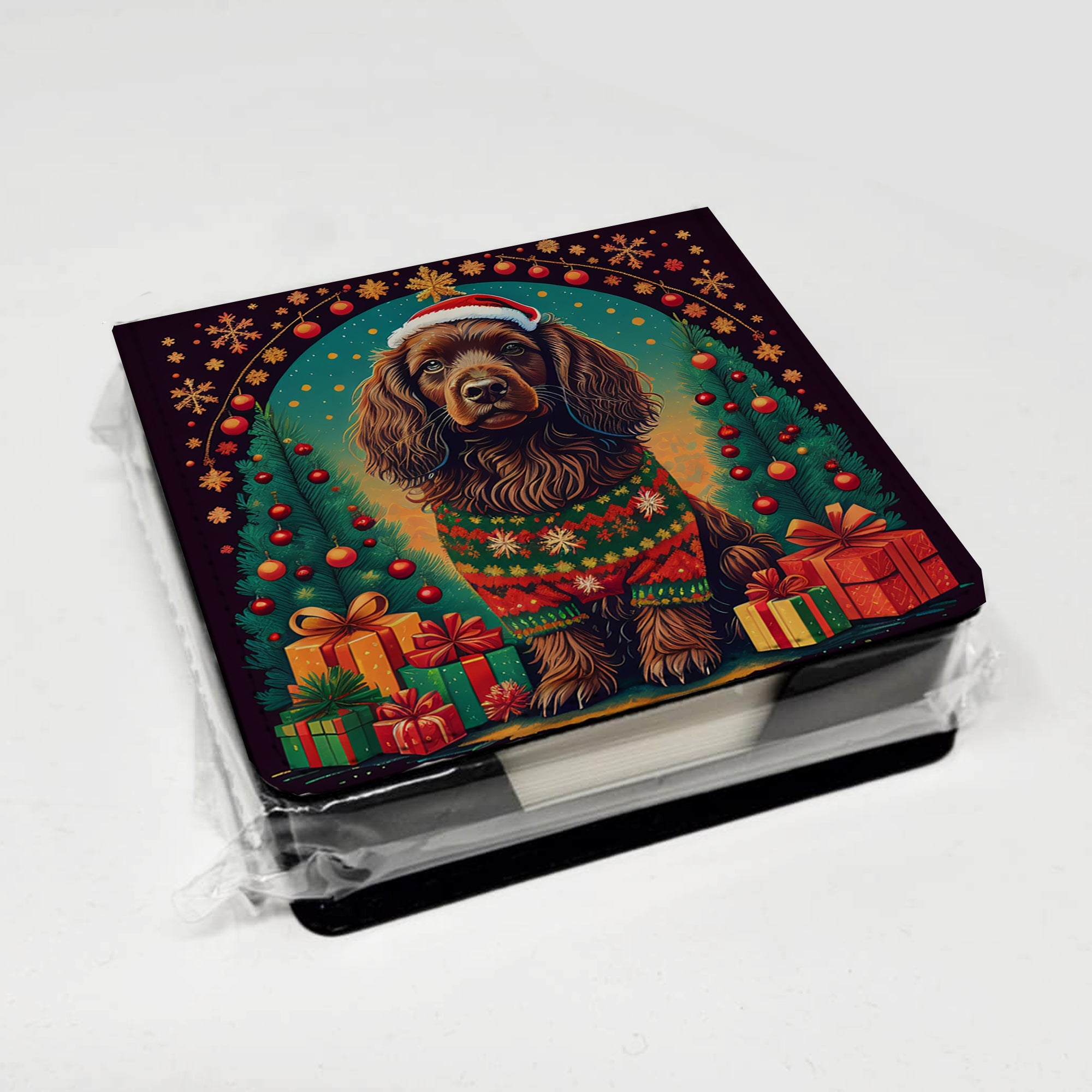 Boykin Spaniel Christmas PU Leather Note Paper Holder with Artist-Designed Cover, Desk Accessory, Office Gift