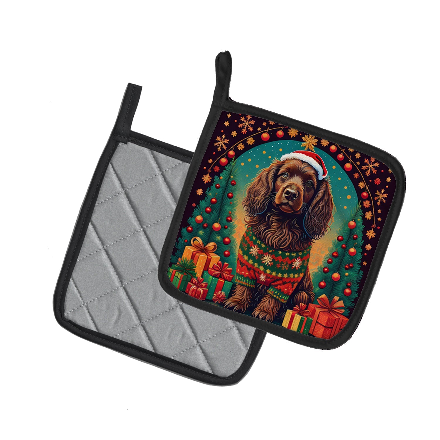Boykin Spaniel Christmas Pot Holder Set of 2 Heat Resistant Quilted Hot Pads 7.5 x 7.5 Inch, Insulated Kitchen Trivets for Cooking & Baking