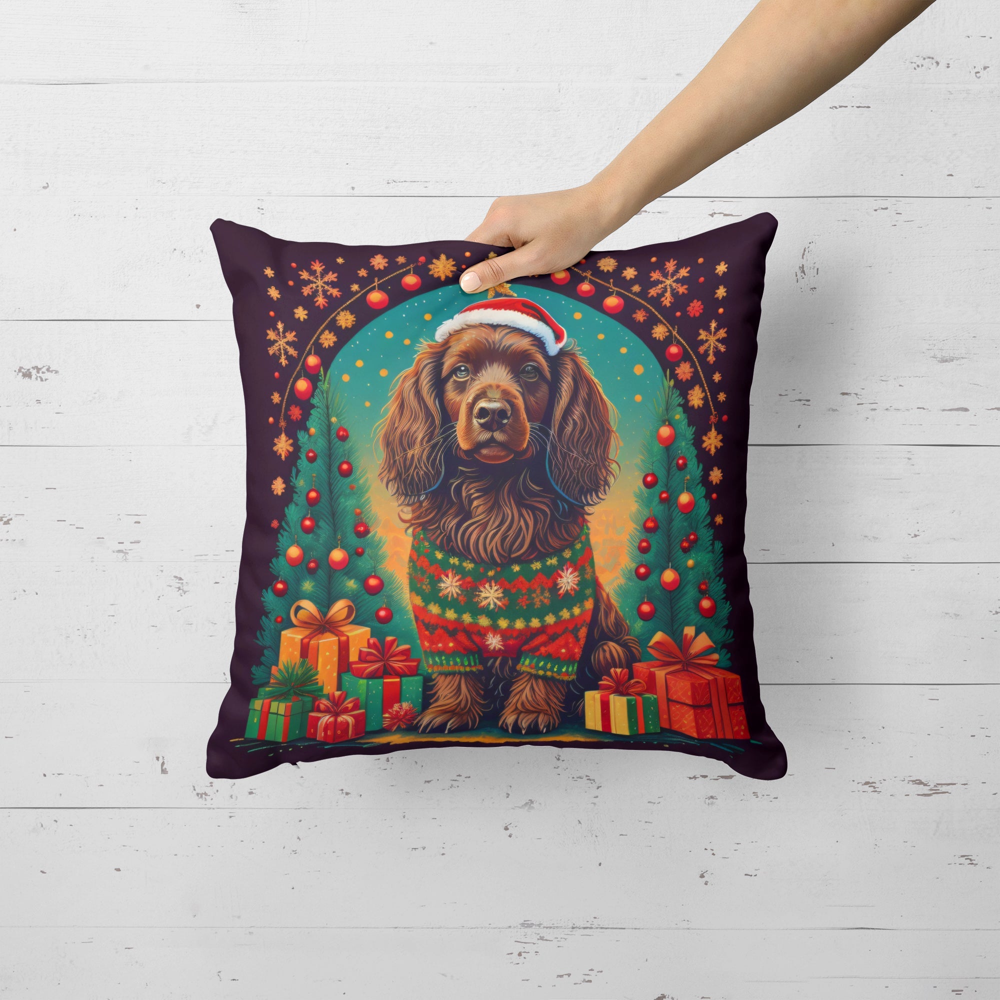 Boykin Spaniel Christmas Decorative Throw Pillow 14x14 Indoor Outdoor Accent Cushion, Fabric Cover with Insert for Sofa, Bed, Porch & Living Room
