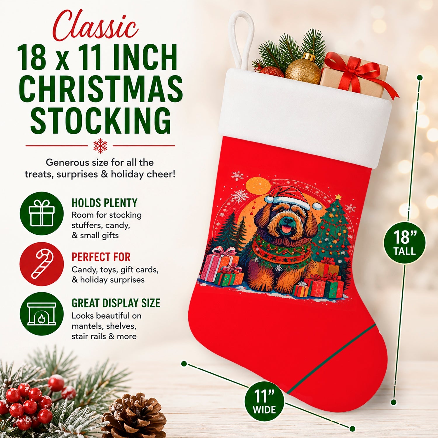 Briard Christmas Holiday Stocking Double-Sided Print, Polyester Suede,11x18, Made in USA