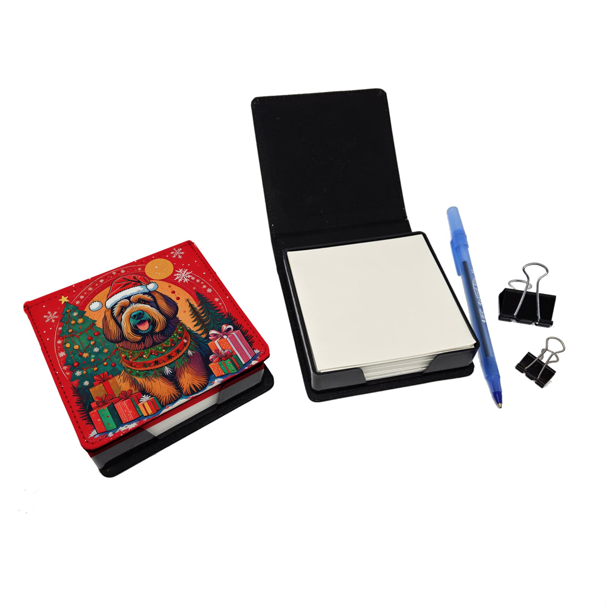 Briard Christmas PU Leather Note Paper Holder with Artist-Designed Cover, Desk Accessory, Office Gift