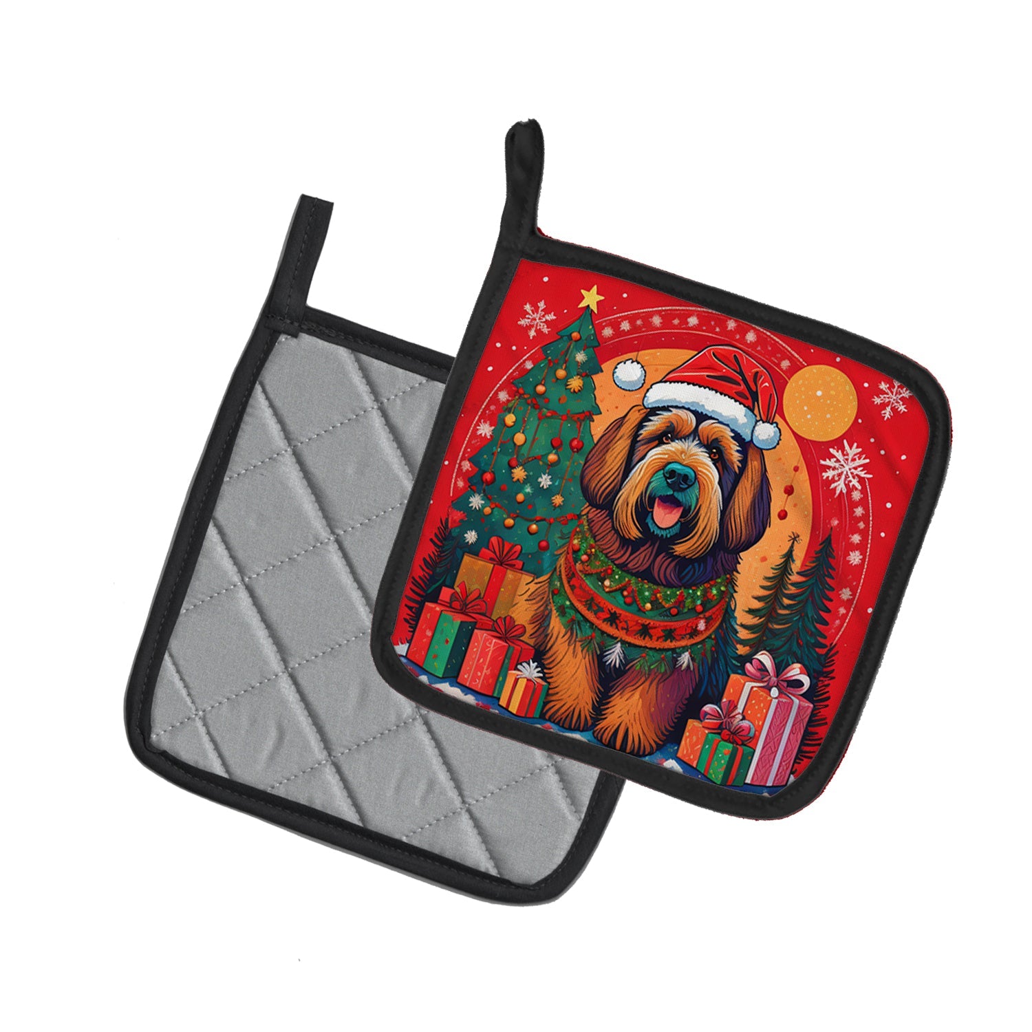 Briard Christmas Pot Holder Set of 2 Heat Resistant Quilted Hot Pads 7.5 x 7.5 Inch, Insulated Kitchen Trivets for Cooking & Baking