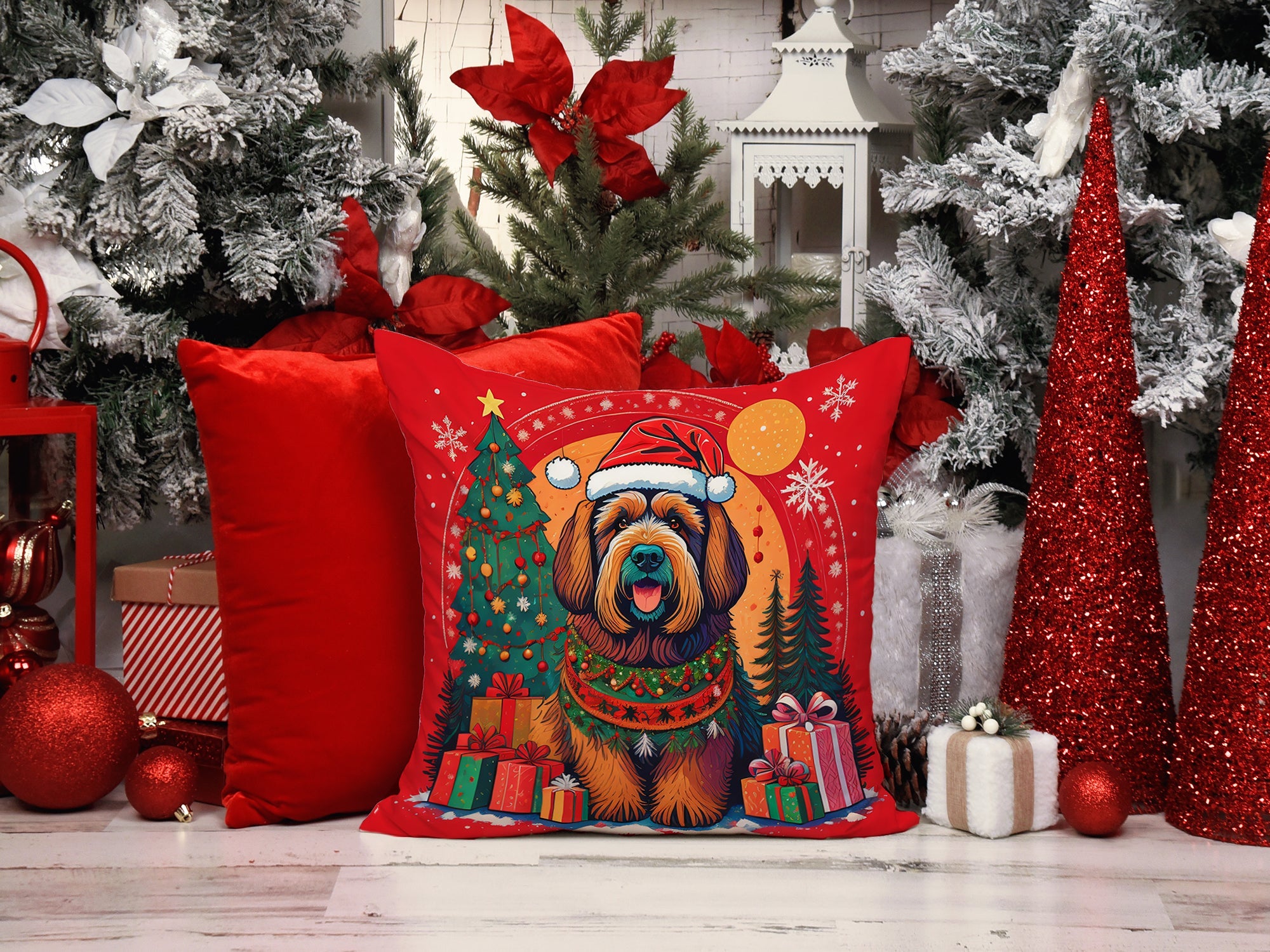 Briard Christmas Decorative Throw Pillow 14x14 Indoor Outdoor Accent Cushion, Fabric Cover with Insert for Sofa, Bed, Porch & Living Room