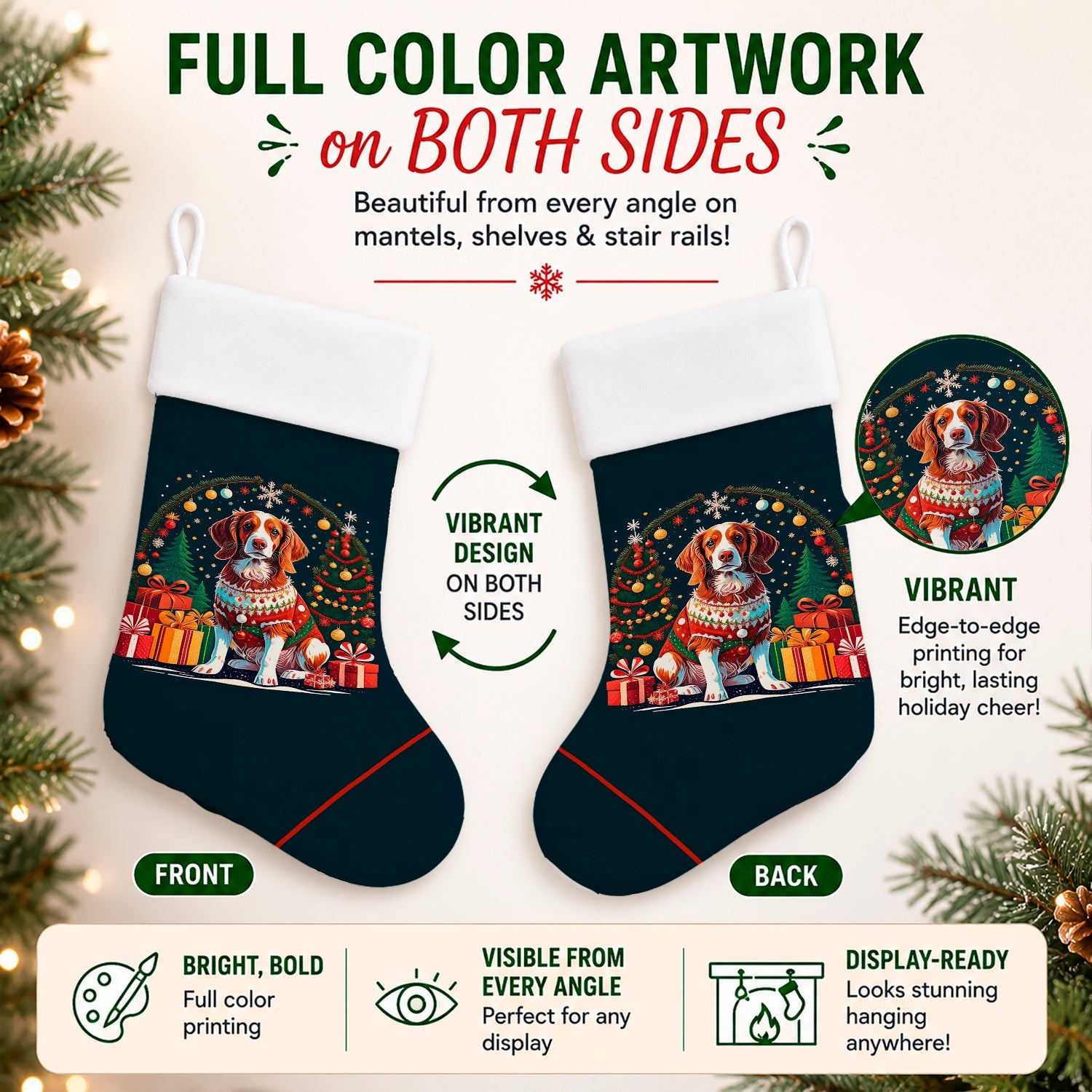 Brittany Spaniel Christmas Holiday Stocking Double-Sided Print, Polyester Suede,11x18, Made in USA