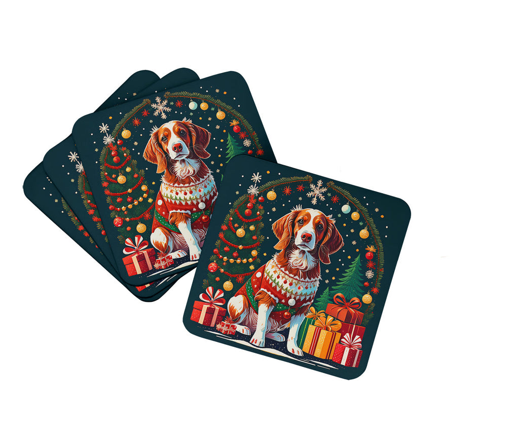 Brittany Spaniel Christmas Foam Coasters Set of 4 Cup Coasters for Indoor Outdoor, Tabletop Protection, Anti Slip, Mouse pad Material