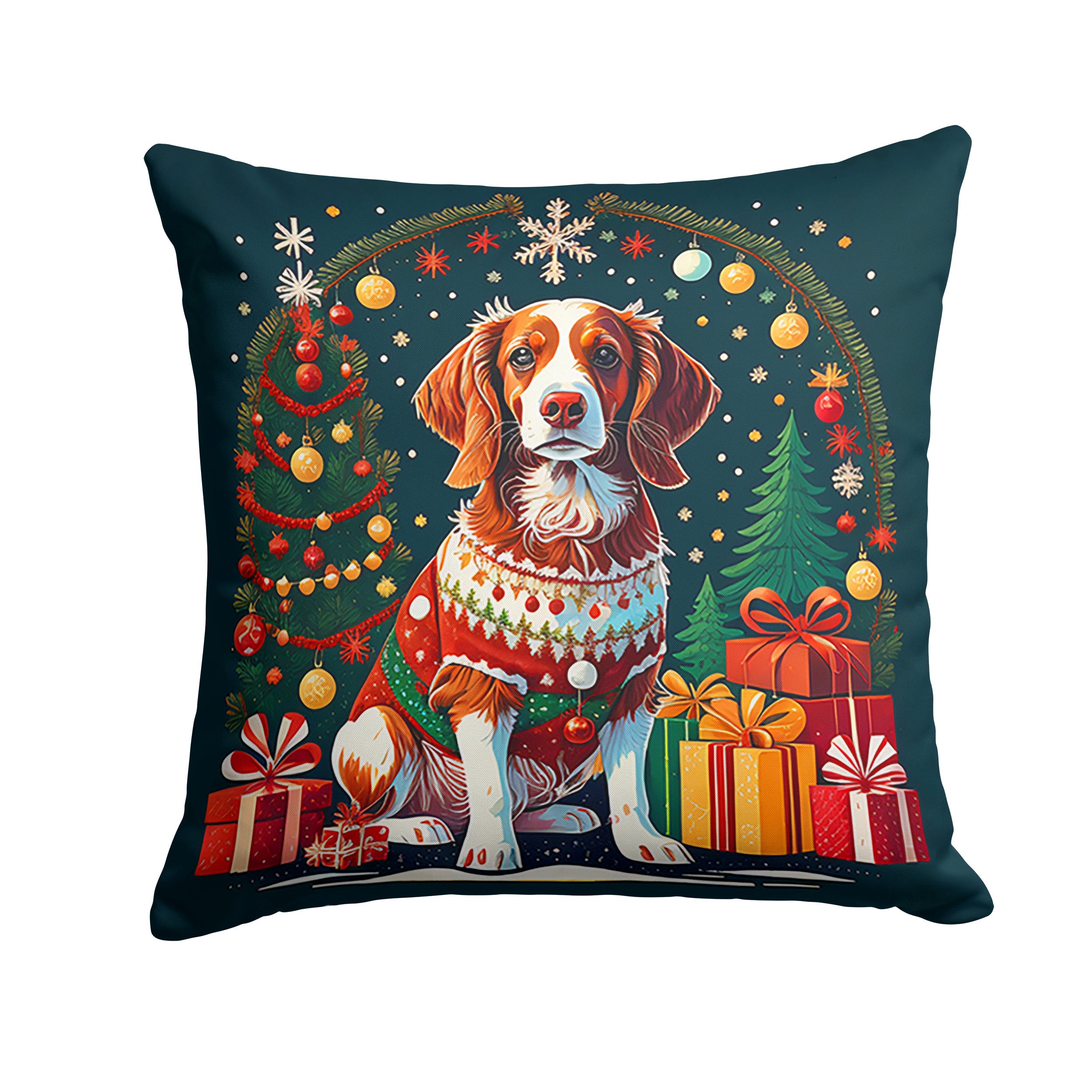 Brittany Spaniel Christmas Decorative Throw Pillow 18x18 Indoor Outdoor Accent Cushion, Fabric Cover with Insert for Sofa, Bed, Porch & Living Room