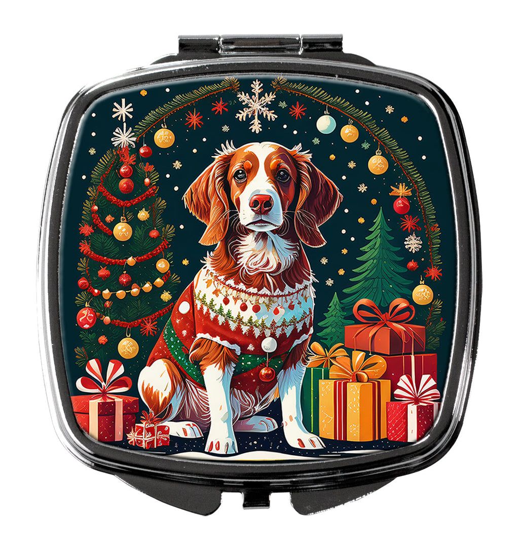 Brittany Spaniel Christmas Compact Mirror Decorative Travel Makeup Mirror for Women Girls Gifts Pocket Makeup Mirror Folding Handheld