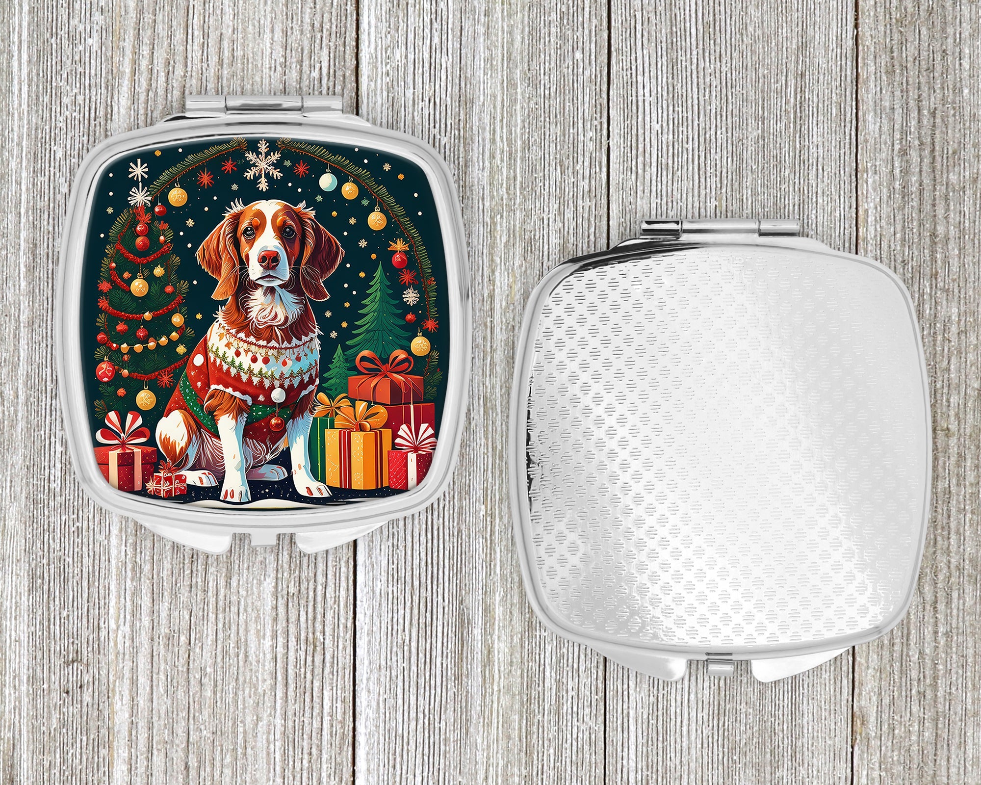 Brittany Spaniel Christmas Compact Mirror Decorative Travel Makeup Mirror for Women Girls Gifts Pocket Makeup Mirror Folding Handheld