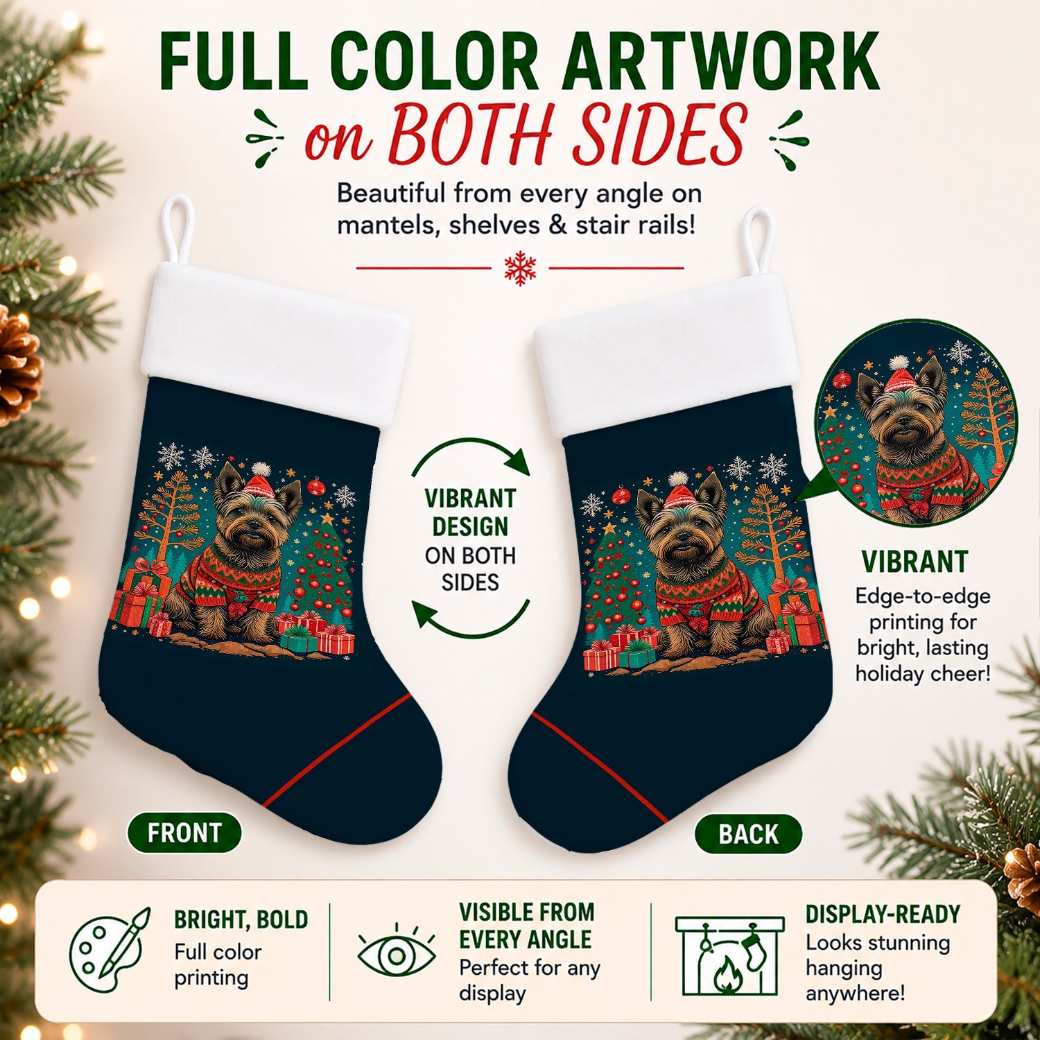 Cairn Terrier Christmas Holiday Stocking Double-Sided Print, Polyester Suede,11x18, Made in USA