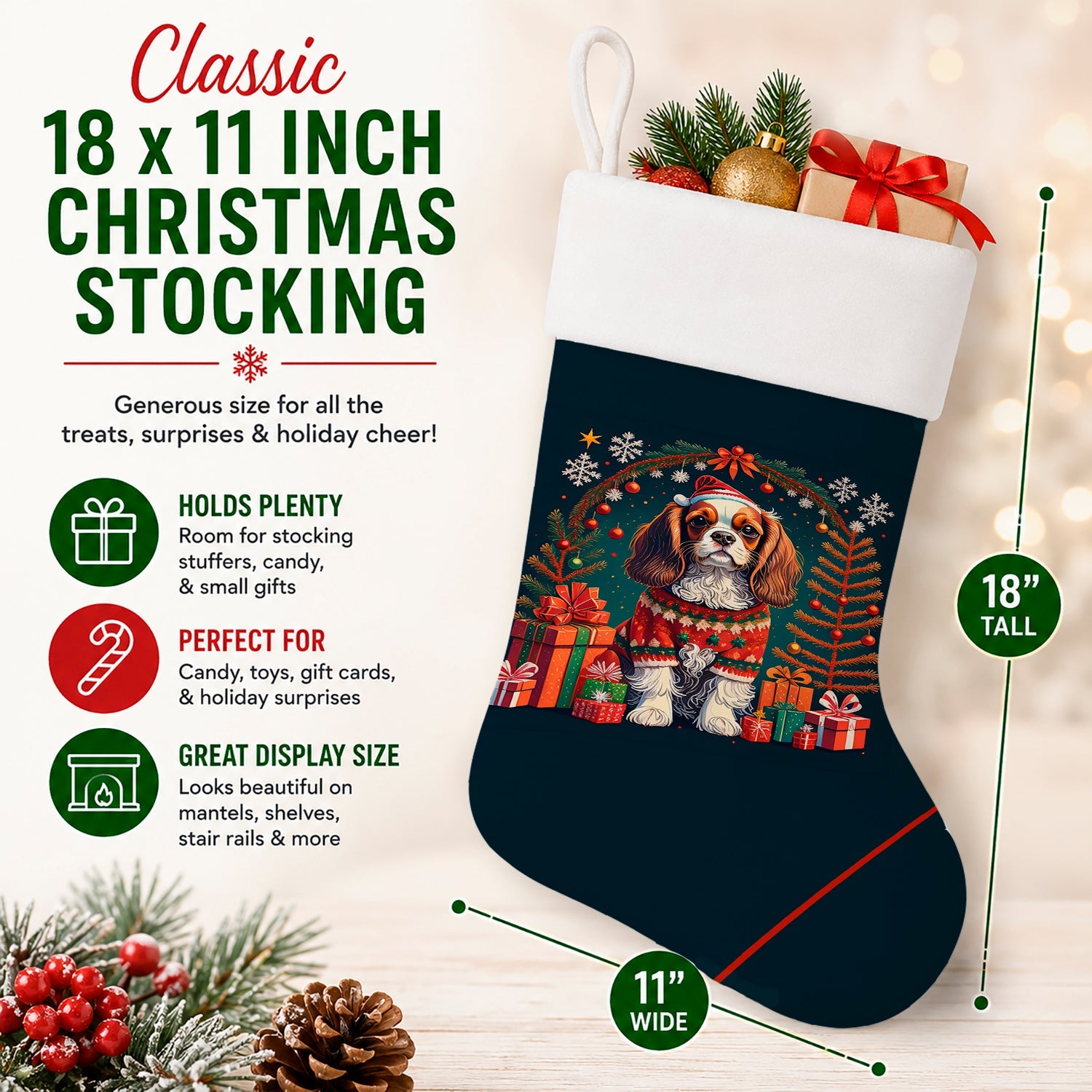 Cavalier King Charles Spaniel Christmas Holiday Stocking Double-Sided Print, Polyester Suede,11x18, Made in USA