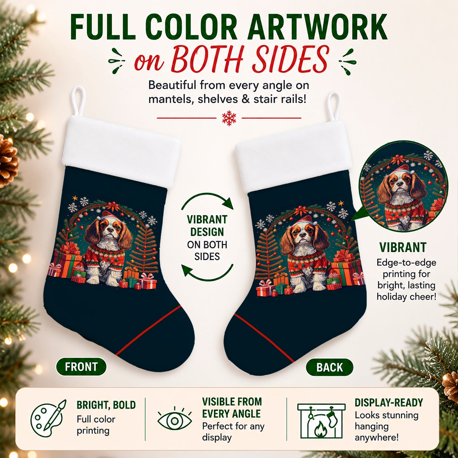 Cavalier King Charles Spaniel Christmas Holiday Stocking Double-Sided Print, Polyester Suede,11x18, Made in USA