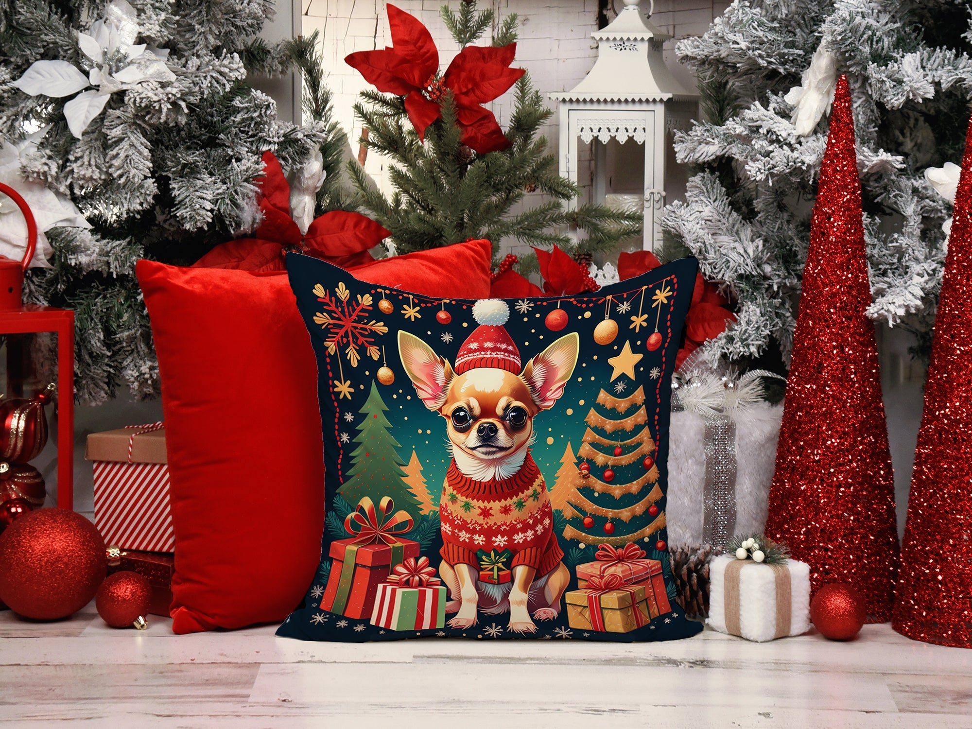 Chihuahua Christmas Decorative Throw Pillow 18x18 Indoor Outdoor Accent Cushion, Fabric Cover with Insert for Sofa, Bed, Porch & Living Room