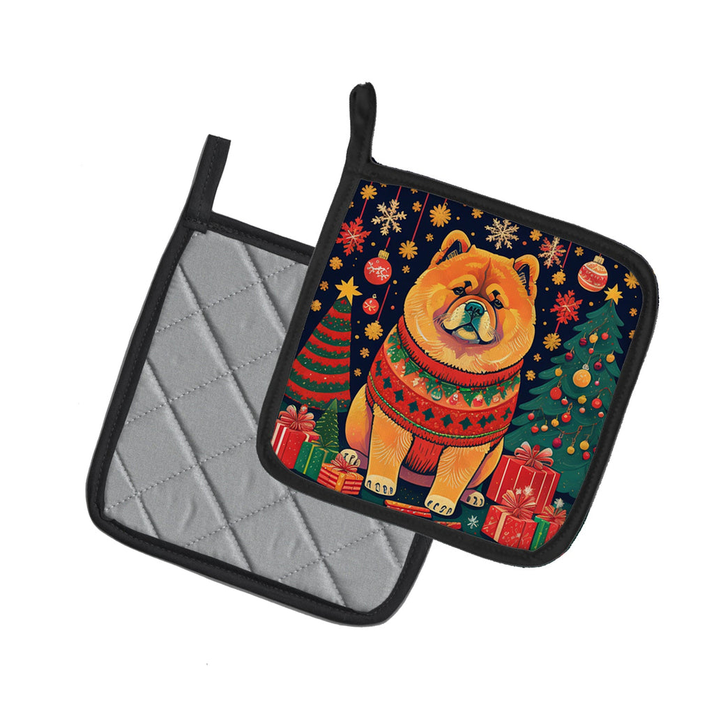 Chow Chow Christmas Pot Holder Set of 2 Heat Resistant Quilted Hot Pads 7.5 x 7.5 Inch, Insulated Kitchen Trivets for Cooking & Baking