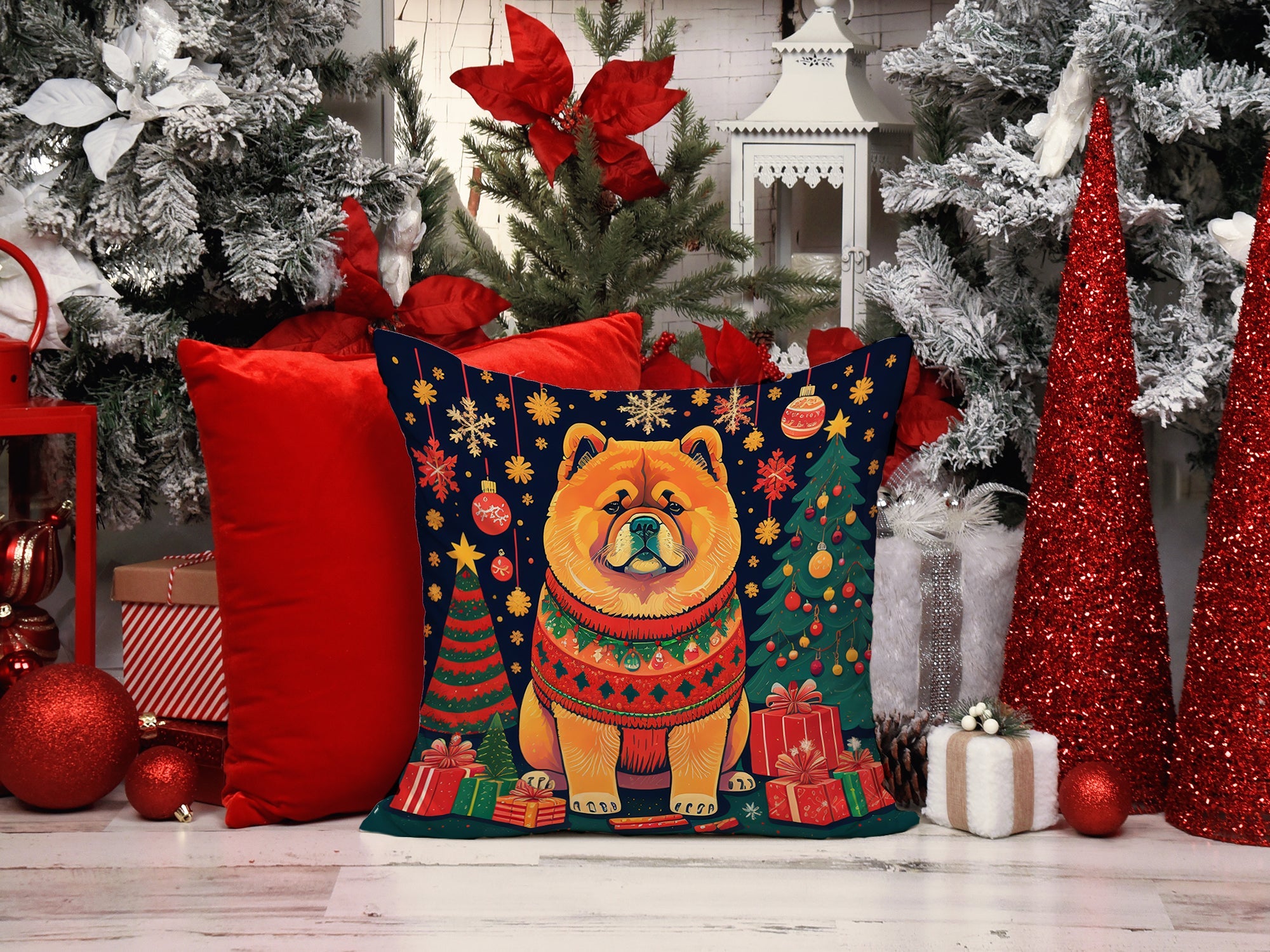 Chow Chow Christmas Decorative Throw Pillow 14x14 Indoor Outdoor Accent Cushion, Fabric Cover with Insert for Sofa, Bed, Porch & Living Room