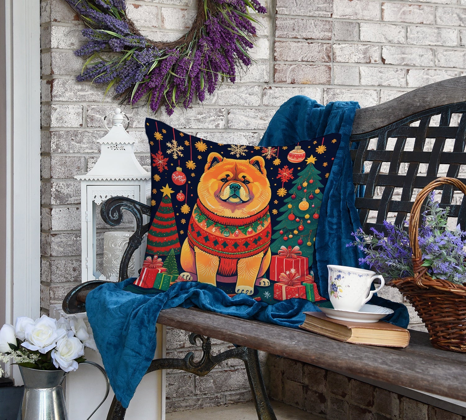 Chow Chow Christmas Decorative Throw Pillow 18x18 Indoor Outdoor Accent Cushion, Fabric Cover with Insert for Sofa, Bed, Porch & Living Room