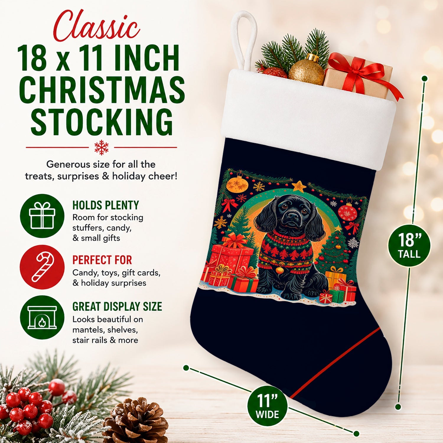 Black Cocker Spaniel Christmas Holiday Stocking Double-Sided Print, Polyester Suede,11x18, Made in USA