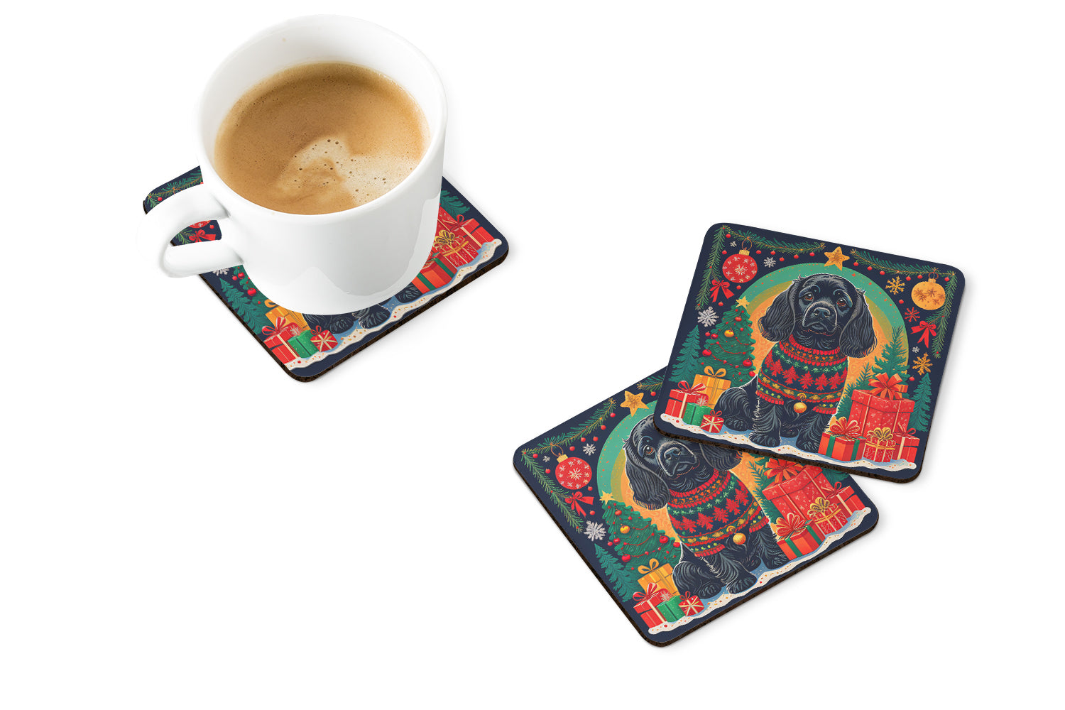 Black Cocker Spaniel Christmas Foam Coasters Set of 4 Cup Coasters for Indoor Outdoor, Tabletop Protection, Anti Slip, Mouse pad Material