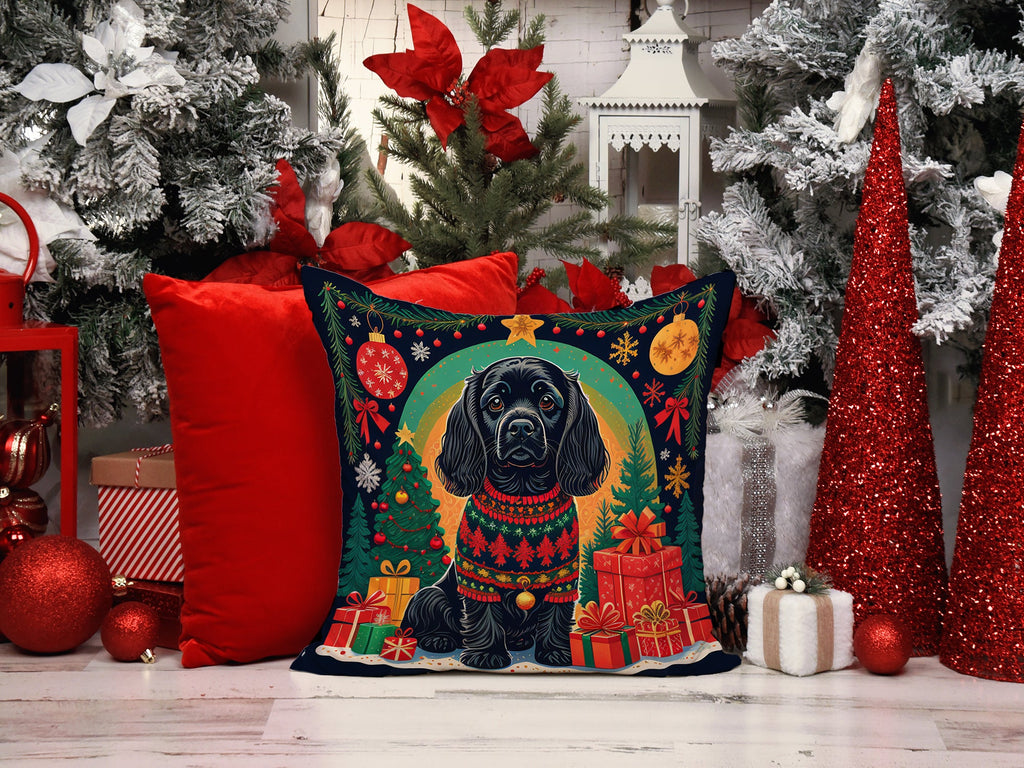 Black Cocker Spaniel Christmas Decorative Throw Pillow 14x14 Indoor Outdoor Accent Cushion, Fabric Cover with Insert for Sofa, Bed, Porch & Living Room